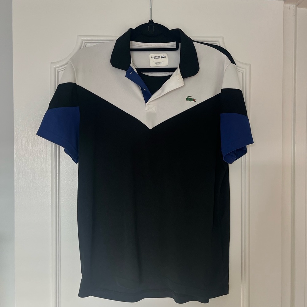 Lacoste Men's Black, White, and Blue Polo Shirt